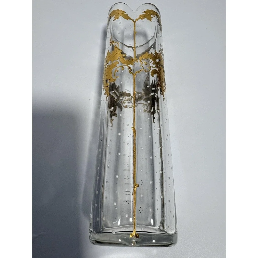 Antique Bohemian Art Glass Vase Raised Gold Gilt Enamel Quatrefoil Bubbles 7 In